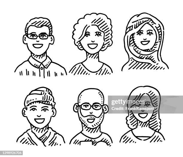 six people diversity portraits drawing - hand drawn number 6 stock illustrations