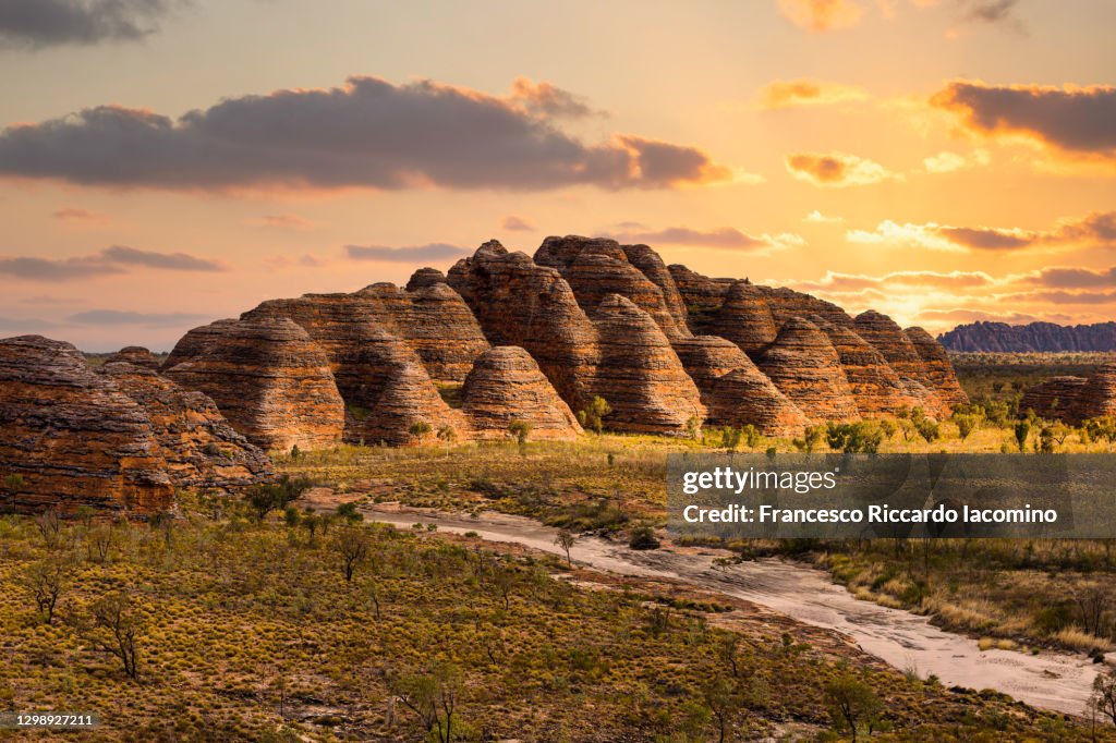 Bungle Bungles, Purnululu National Park, Kimberley Region, Western Australia, Australia. Sunset scenic view