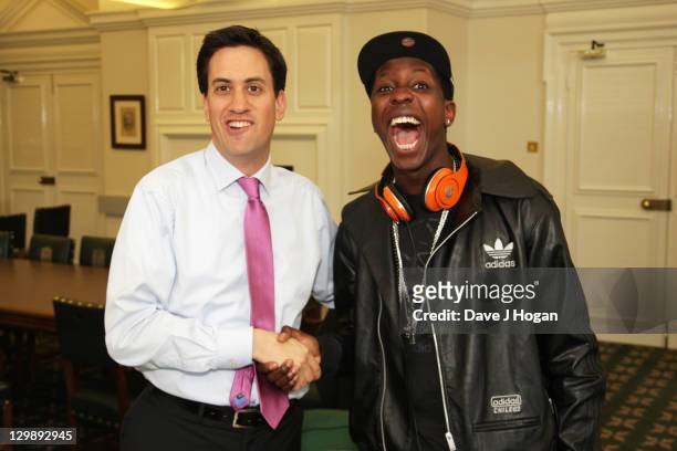 Youth broadcaster Jamal Edwards of SBTV interviews Labour party leader Ed Miliband in his office at Portcullis House on October 21, 2011 in London,...