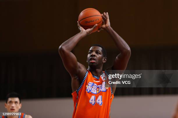 Andrew Nicholson of Fujian Sturgeons shoots the ball during 2020/2021 Chinese Basketball Association League match between Xinjiang Flying Tigers and...