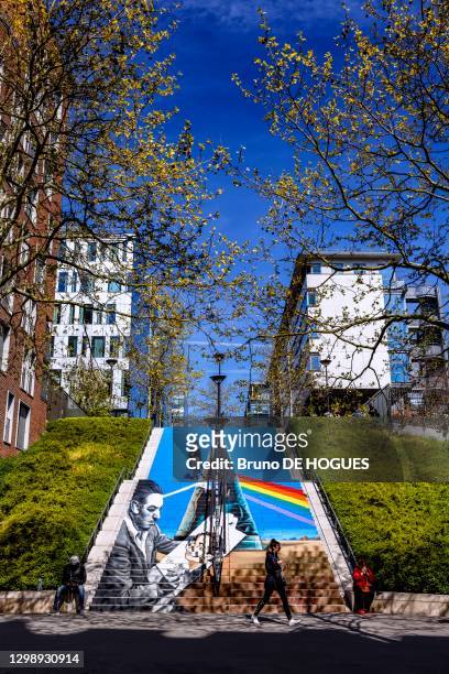 Escalier de la Rue du Chevaleret peint par Zag & Sia, 17 Avril 2018, Paris, France.