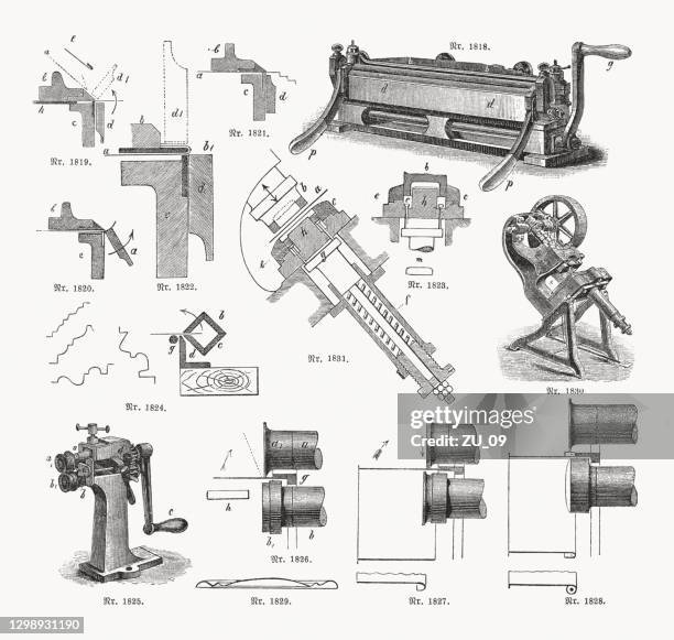 sheet metal processing, wood engravings, published in 1893 - plumber tools background stock illustrations