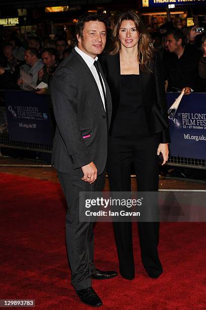 Jamie Oliver and Jools Oliver attend the "Wild Bill" premiere during the 55th BFI London Film Festival at Vue West End on October 21, 2011 in London,...