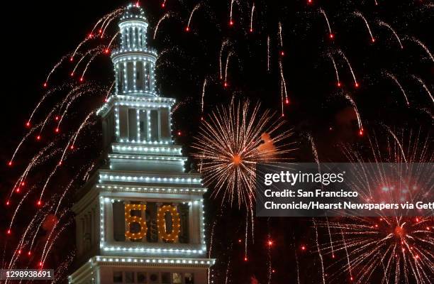 Fireworks go off behind the Ferry Building on the opening night of events for the Super Bowl City Jan. 30, 2016 in San Francisco, Calif.