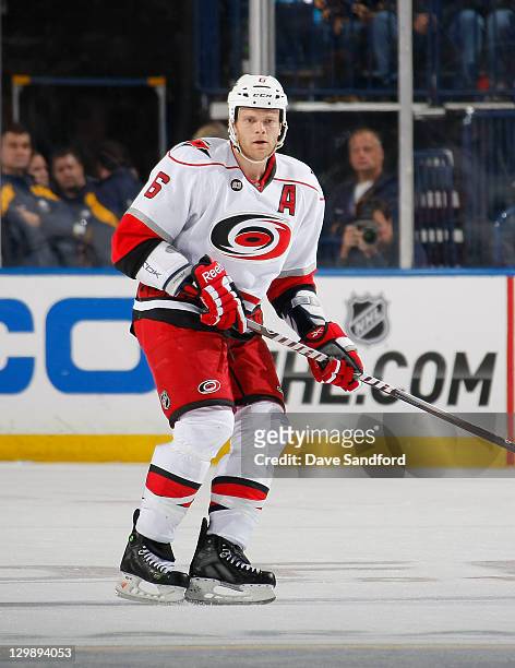 Tim Gleason of the Carolina Hurricanes skates against the Buffalo Sabres during their NHL game at First Niagara Center October 14, 2011 in Buffalo,...