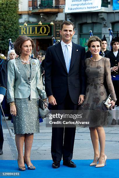Queen Sofia of Spain, Prince Felipe of Spain and Princess Letizia of Spain attend "Principe de Asturias" awards 2011 ceremony at the Campoamor...