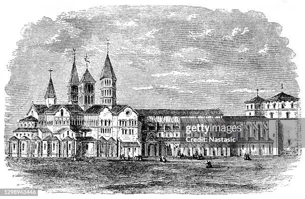 ilustraciones, imágenes clip art, dibujos animados e iconos de stock de cluny abbey (abbaye de cluny, anteriormente también cluni o clugny) es un antiguo monasterio benedictino en cluny, saona-et-loire, francia. fue dedicado a san pedro. - abadía