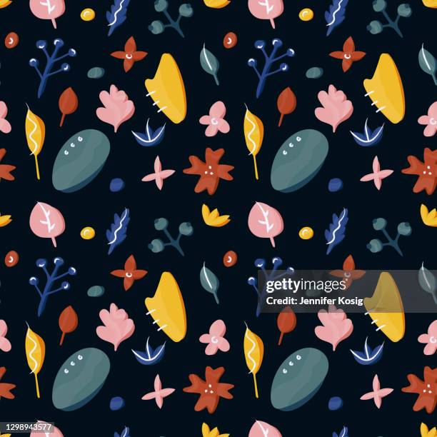 seamless abstract floral vector pattern with dark background - flower patch icon stock illustrations