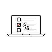 Checklist and Tick on Laptop Screen Icon in outline style isolated. Check Mark Browser Window isolated on white background. Editable Stroke. - stock vector