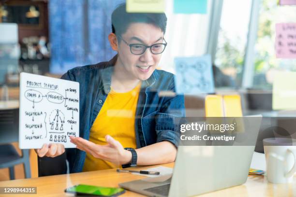 small businessman working in office, doing a video call with laptop. male professional working in office and making a video call. - prototype stock pictures, royalty-free photos & images