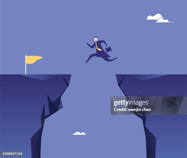 business man crosses the cliff to the goal - skill gap stock illustrations