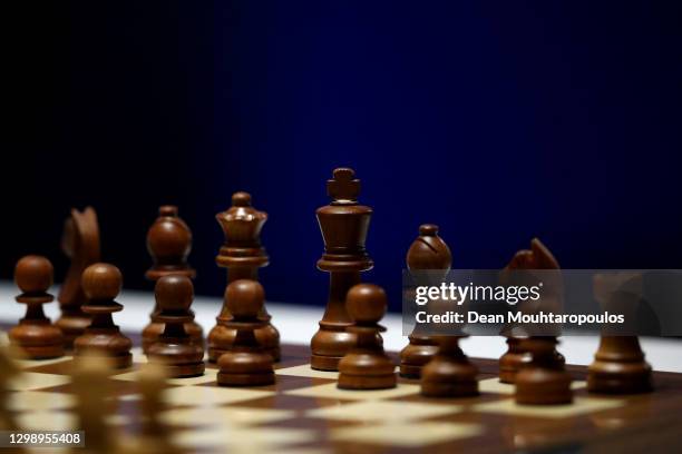 Detailed view of the board and pieces including the Queen, King, Knight, Bishop, Rook and Pawn during the 83rd Tata Steel Chess Tournament held in...