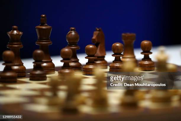 Detailed view of the board and pieces including the Queen, King, Knight, Bishop, Rook and Pawn during the 83rd Tata Steel Chess Tournament held in...