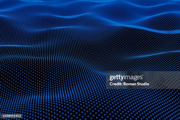 abstract blue of points. falling cyber particles. big data stream. 3d render. abstract waving particle technology background. - quantum computer photos et images de collection