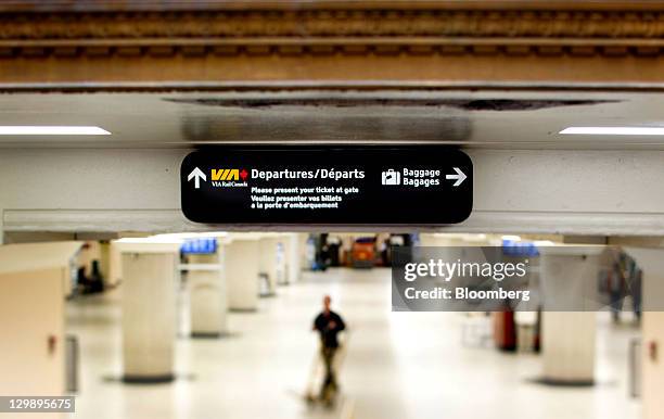 Via Rail Canada Inc. Sign directs passengers in this photo taken with a tilt-shift lens in Toronto, Ontario, Canada, on Tuesday, Oct. 18, 2011. Via...