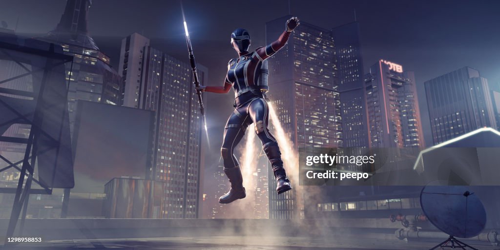 Female Jet Pack Superhero with Staff Lands On City Rooftop