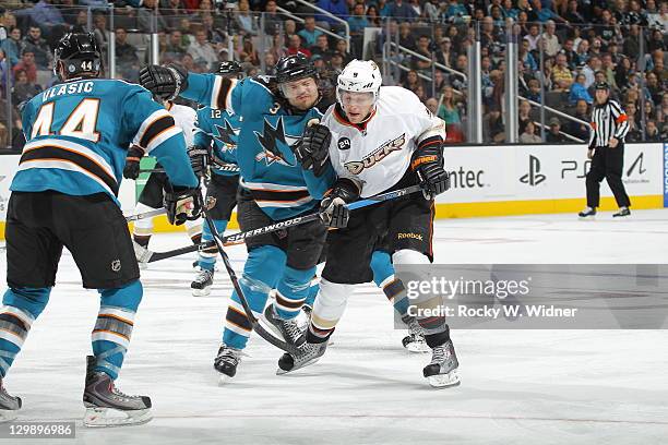 October 17: Defenseman Douglas Murray of the San Jose Sharks collides with right wing Bobby Ryan of the Anaheim Ducks at the HP Pavilion on October...