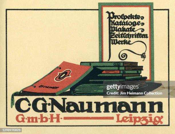 An advertisement in the German Plakatstil for C.G. Naumann Printing in Leipzig, Germany features an illustration of a stack of books with the company...