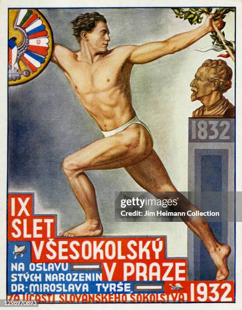 Postcard commemorating the 1932 All Sokol Rally, which promoted exercise and health to fortify national identity, features an illustration of a fit...