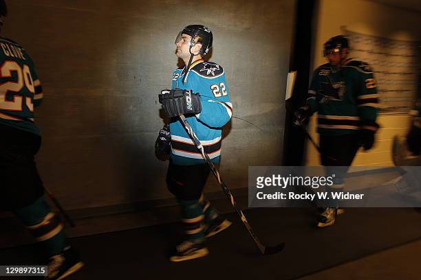 October 17: Defenseman Dan Boyle of the San Jose Sharks heads for the ice against the Anaheim Ducks at the HP Pavilion on October 17, 2011 in San...