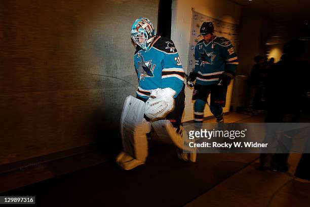 October 17: Goaltender Antii Nieme#31 of the San Jose Sharks heads for the ice against the Anaheim Ducks at the HP Pavilion on October 17, 2011 in...