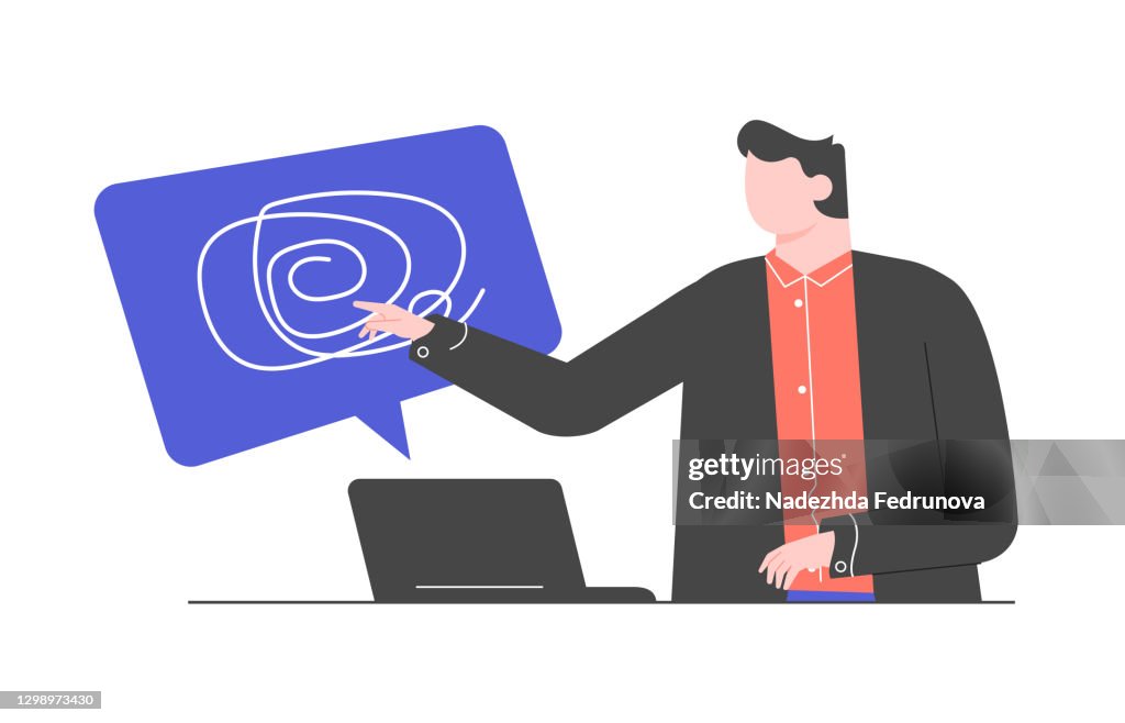 Psychotherapist conducts an online session. Man in a business suit with a laptop. Internet talkspace concept. Consultation with a specialist in mental illness and life problems. Vector flat.