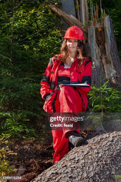 young forest engineer writing to notepad - forester stock pictures, royalty-free photos & images