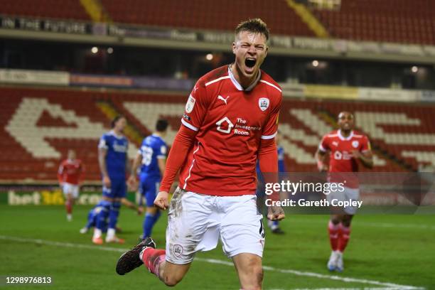 Mads Andersen of Barnsley celebrates after scoring their sides first goal during the Sky Bet Championship match between Barnsley and Cardiff City at...