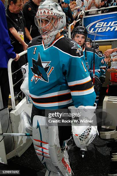 Goaltender Thomas Greiss of the San Jose Sharks enters the ice against the Anaheim Ducks at the HP Pavilion on October 17, 2011 in San Jose,...