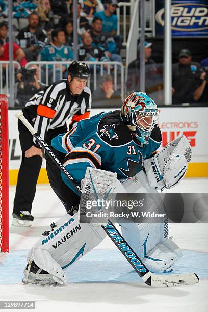 Goaltender Antii Niemi the San Jose Sharks readies for the face-off against the Anaheim Ducks at the HP Pavilion on October 17, 2011 in San Jose,...