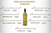 Fatty acid composition of olive oil. Chemical compounds: oleic, linoleic, palmitic, stearic, palmitoleic, alpha-linolenic, arachidic acid. Structural chemical formulas