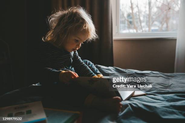 child little boy reading a book in the dark home on sofa - innocence stock pictures, royalty-free photos & images