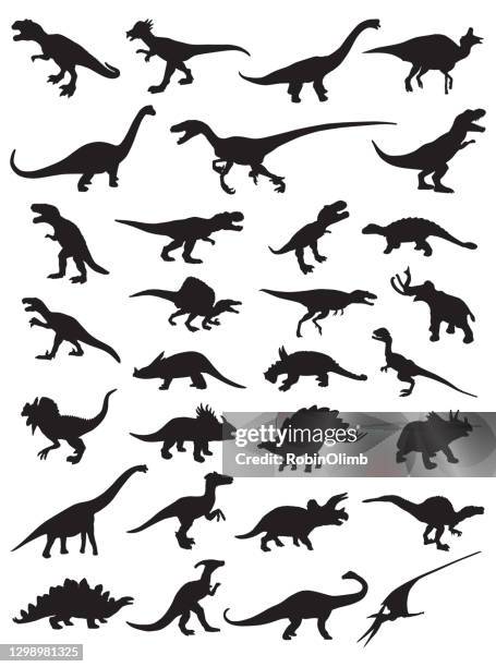 thirty dinosaur silhouettes - dinosaur isolated stock illustrations