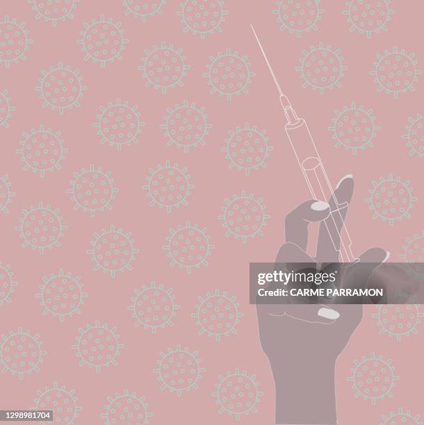 a gloved hand putting on a vaccine. vaccine for all - gloved hand stock illustrations