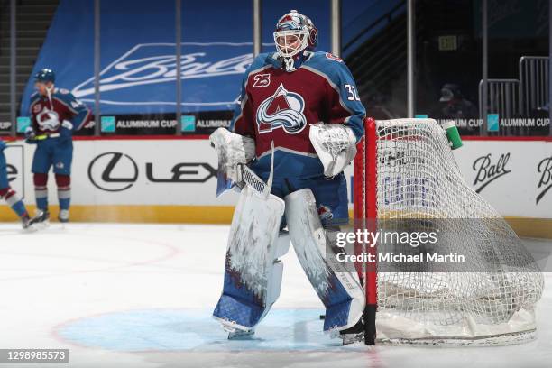 Goaltender Hunter Miska of the Colorado Avalanche skates prior to the game against the San Jose Sharks at Ball Arena on January 26, 2021 in Denver,...