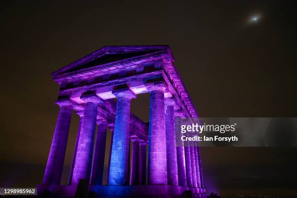 Penshaw Monument near Sunderland is bathed in purple light to commemorate Holocaust Memorial Day on January 27, 2021 in Sunderland, England....