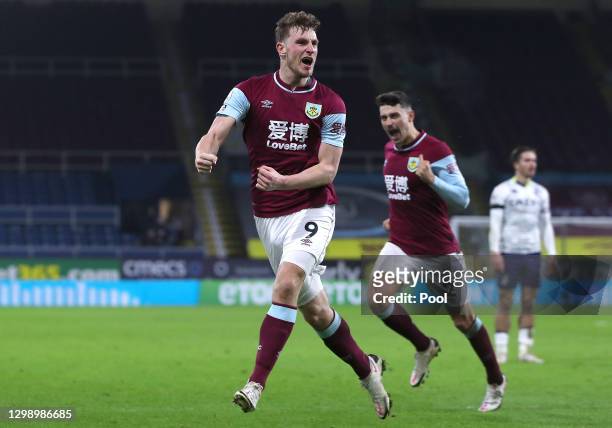 Chris Wood of Burnley celebrates after scoring their sides third goal during the Premier League match between Burnley and Aston Villa at Turf Moor on...