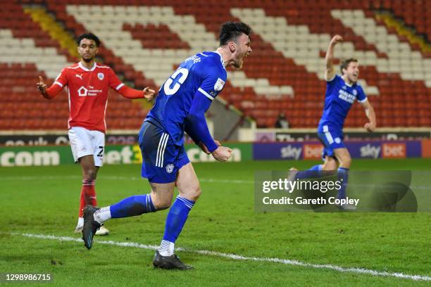 Kieffer Moore of Cardiff City celebrates after scoring their side's second goal during the Sky Bet Championship match between Barnsley and Cardiff...