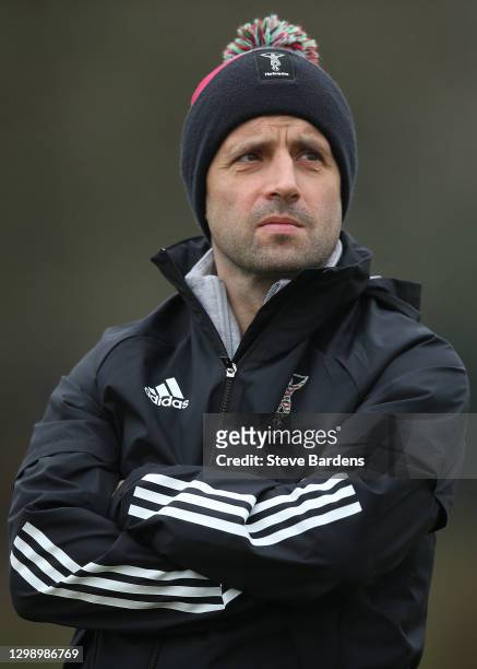 The Harlequins CEO, Laurie Dalrymple looks on during a Harlequins training session at Surrey Sports Park on January 27, 2021 in Guildford, England.