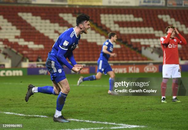 Kieffer Moore of Cardiff City celebrates after scoring their side's second goal during the Sky Bet Championship match between Barnsley and Cardiff...