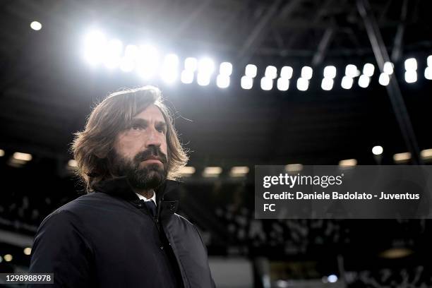 Head coach of Juventus Andrea Pirlo looks on during the Coppa Italia match between Juventus and SPAL at Allianz Stadium on January 27, 2021 in Turin,...