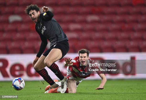 Rotherham striker Matt Crooks challenges Paddy McNair of Boro during the Sky Bet Championship match between Middlesbrough and Rotherham United at...
