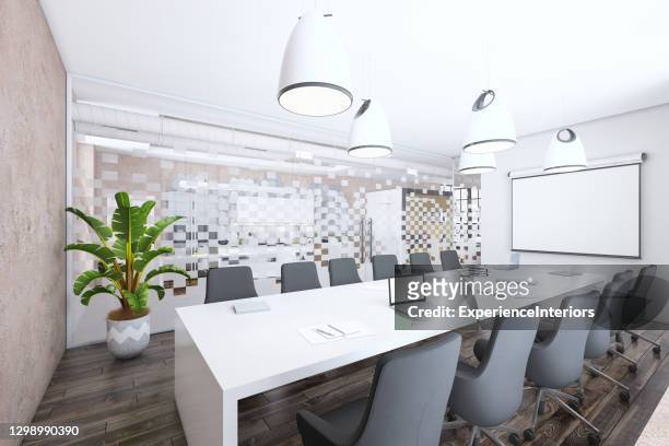 modern conference room interior with projection screen on the wall for copy space - board room background stock pictures, royalty-free photos & images