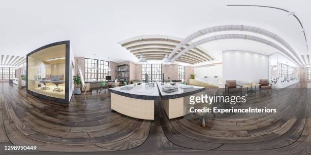 modern open plan office interior - panoramic view stock pictures, royalty-free photos & images