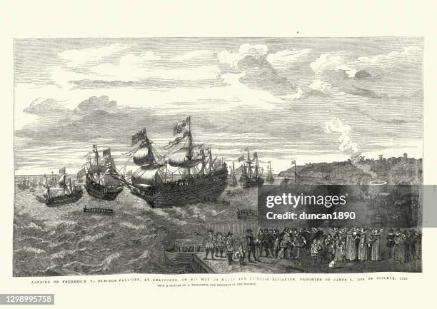 landing of frederick v, elector palatine at gravesend, 1612 - gravesend stock illustrations