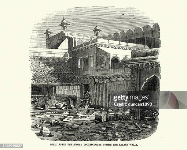 looted house within palace walls after siege of delhi, 1857 - old delhi stock illustrations