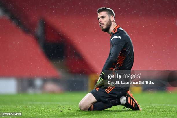David De Gea of Manchester United reacts after Sheffield United score their second goal during the Premier League match between Manchester United and...