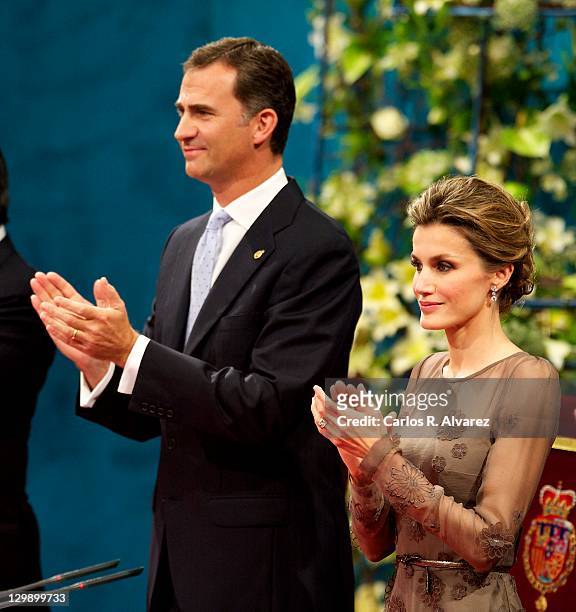 Prince Felipe of Spain and Princess Letizia of Spain attend the "Prince of Asturias Awards 2011" ceremony at the Campoamor Theater on October 21,...