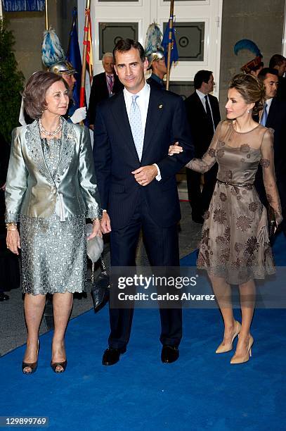 Queen Sofia of Spain, Prince Felipe of Spain and Princess Letizia of Spain attend the "Prince of Asturias Awards 2011" ceremony at the Campoamor...