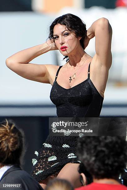 Monica Bellucci sighting on the set of a Dolce & Gabbana commercial on October 21, 2011 in Portofino, Italy.